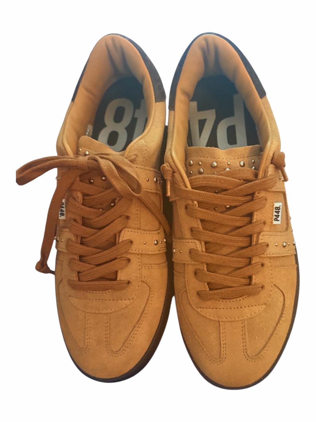 P448 Monza Cognac Sand Suede Studded Sneakers Nib Eu 38 Us 7.5/8 — image 5 of 8